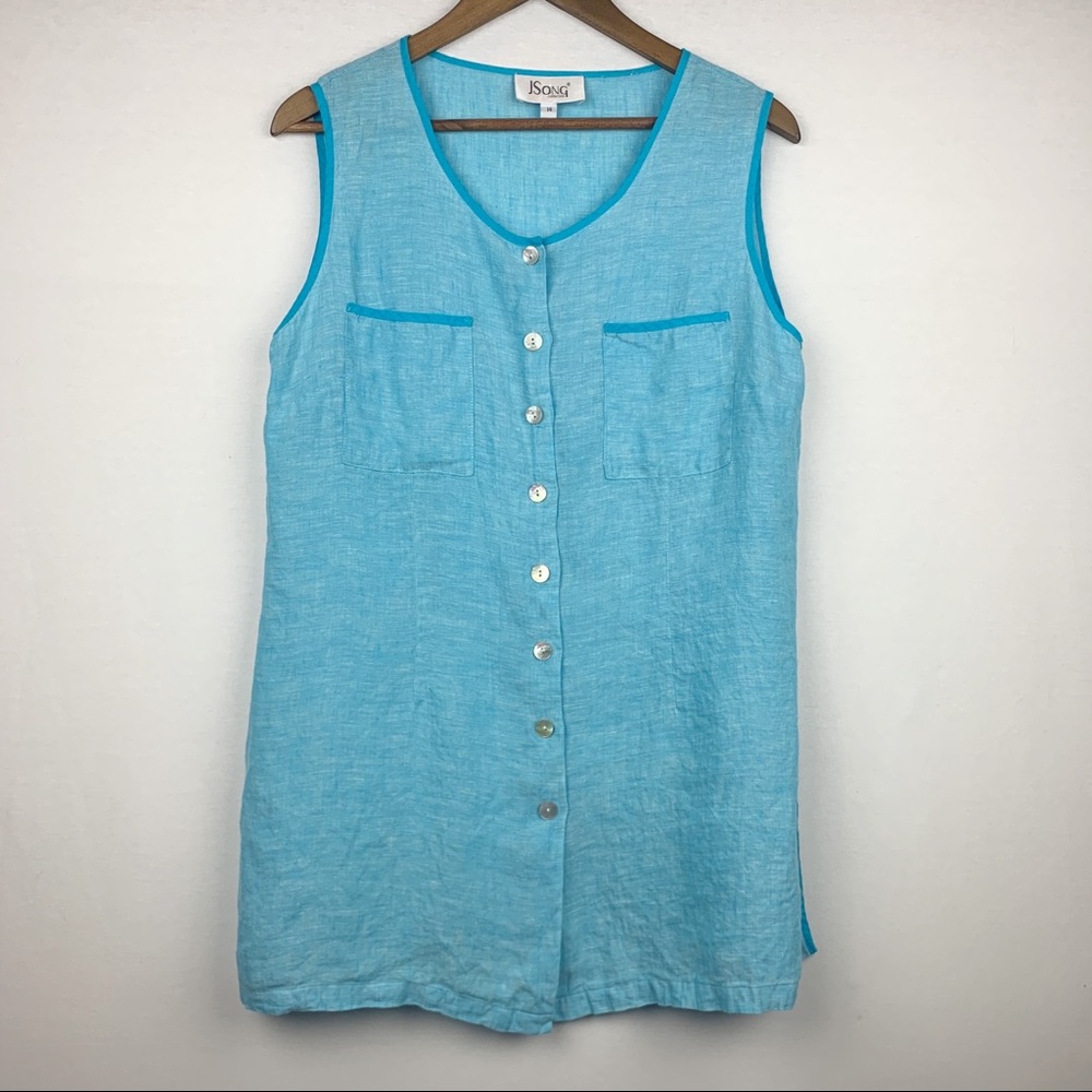 JSong LINEN Heather Aqua Pearlescent Button Up Top